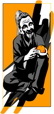 man peeling an orange