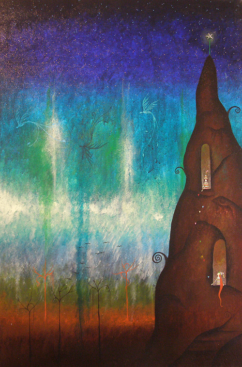 rapunzel in a tower with a boy above